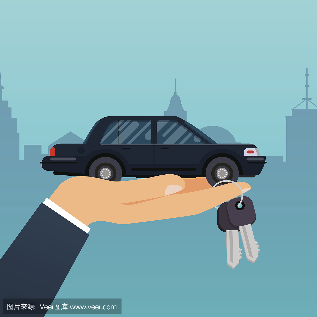 汽车卖家手持钥匙向买家。销售、租赁或租车服务。平面设计现代矢量插图概念。